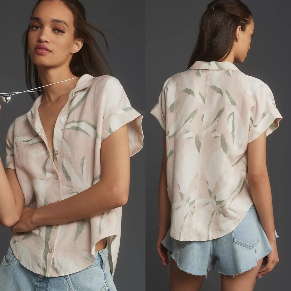 Anthro Pale Pink & Sage Green Leaf-Print Short-Sleeve Button Down